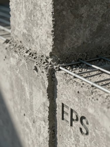 Extreme close-up of a monolithic EPS panel junction with steel mesh, raw concrete being poured, dramatic side lighting highlighting textures, architectural precision