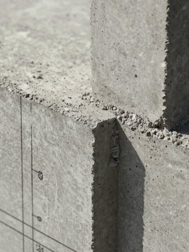 Extreme close-up of a structural monolithic EPS panel junction integrated with raw concrete, dramatic side lighting highlighting the texture of polystyrene and concrete, architectural blueprint lines visible.