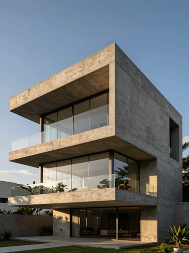 Wide architectural elevation of a contemporary luxury concrete villa in Rio de Janeiro, dramatic sunset light, sharp geometric lines, glass facades, high-contrast shadows.