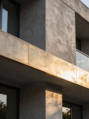 Minimalist concrete architectural detail, brushed champagne gold metal trim reflecting sunset light, sharp shadows, luxury residential facade