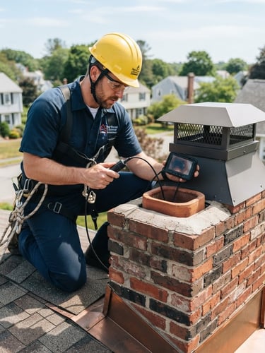 Professional chimney technician in clean uniform, wearing safety gear, inspecting a residential chimney flue on a rooftop. Bright New England daylight, high-contrast charcoal and warm brick tones, sharp focus, 35mm.