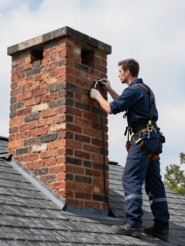 Professional chimney technician in clean uniform inspecting a brick chimney on a residential roof, proper safety harness visible, focused on hands and tools, high-contrast New England daylight, 35mm.