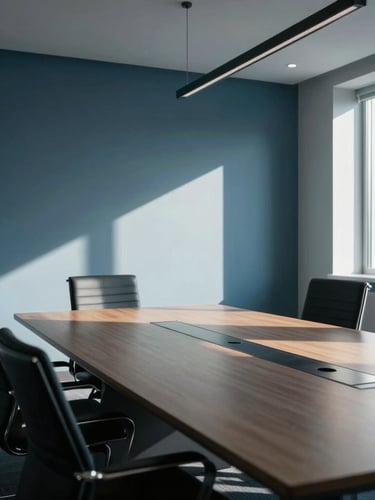 Interior of an empty modern boardroom with clean architectural lines, sharp shadows, cool daylight, 35mm lens.