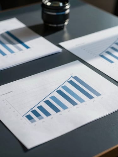 Close-up of analytical charts on physical paper on a dark boardroom table, sharp cool daylight, architectural shadows, 35mm lens.