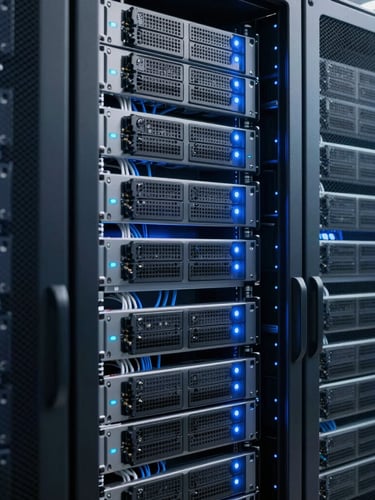 Immaculately organized server rack in a modern high-security datacenter, cool blue LED status lights, crisp focus on cabling, technical precision, 50mm lens