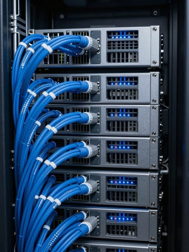 Immaculately organized server racks with clean blue LED cabling, cool slate tones, macro close-up, sharp focus