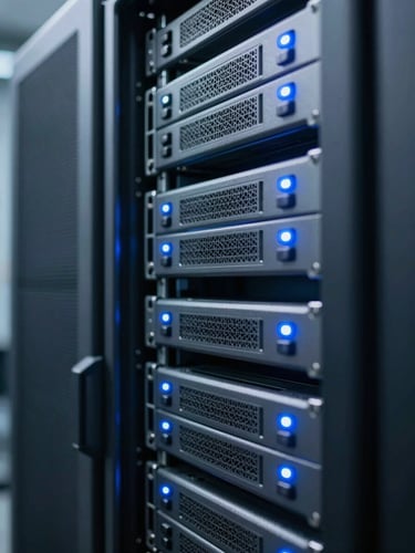 Macro close-up of immaculately organized server racks with subtle blue LED status lights, cool slate tones, sharp focus, professional technology environment