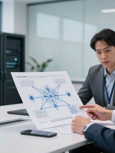 Professional IT consultant in a modern minimalist meeting room, analyzing network topology diagrams on a clean desk, natural overcast daylight, cool slate tones