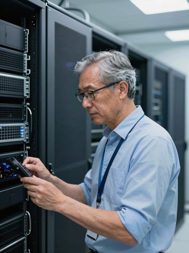 A professional senior IT consultant in a modern clean server room environment, cool blue and slate tones, sharp focus, 50mm lens