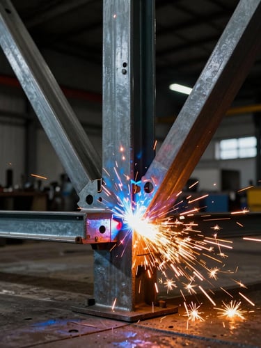 A close-up of a heavy steel truss joint being welded in a workshop, bright orange sparks flying against a dark industrial background