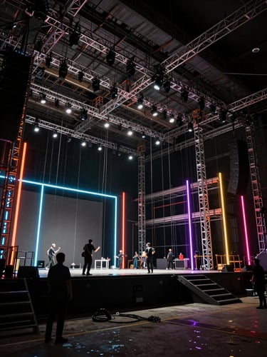 Dramatic environmental shot of a massive stage build under construction, technicians rigging overhead trussing, sharp contrast, low-key lighting.