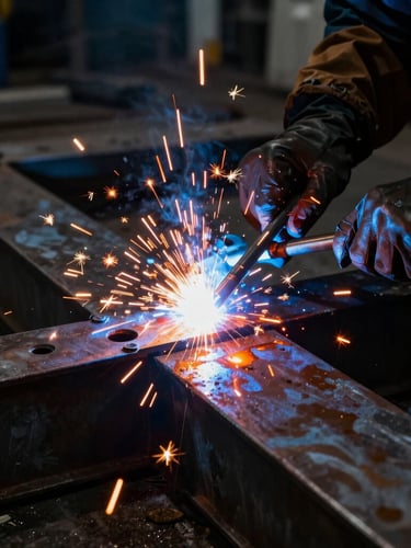 Dramatic close-up of a custom steel stage joint being welded, bright orange sparks illuminating industrial metalwork, high-contrast shadows, wide-angle lens