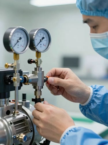 Macro close-up of a technician in clean blue PPE adjusting a high-precision pressure gauge on a metallic compressor unit, bright industrial lighting.