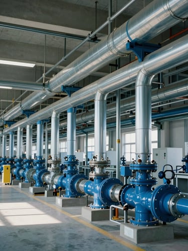 Wide shot of a clean, organized industrial plant with pristine blue and silver air piping installations running along the ceiling, cool-toned daylight.