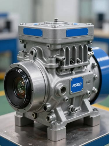 Close-up of a high-performance screw compressor unit, metallic textures, blue brand accents, clean industrial environment.