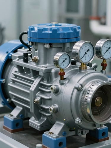 Macro shot of a pristine modern screw compressor unit with metallic blue accents, showing pressure gauges and clean industrial piping under cool-toned daylight.