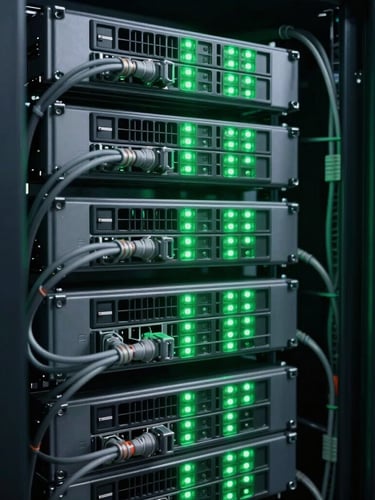 Crisp industrial photography, close-up of a perfectly organized server rack with green LED lights, structured cabling bundled with technical precision, dark graphite tone, 35mm