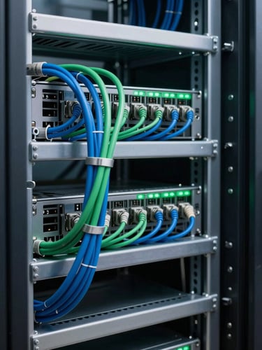 Crisp industrial photography of a modern corporate server room, perfectly bundled blue and green cables running into a clean metal rack, cool technical lighting, sharp focus, 35mm