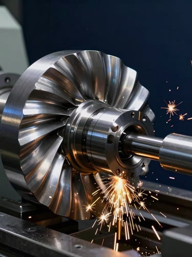 Macro close-up of a high-precision heavy steel turbine component being milled on a lathe machine, golden sparks flying, dramatic industrial lighting, dark navy background.