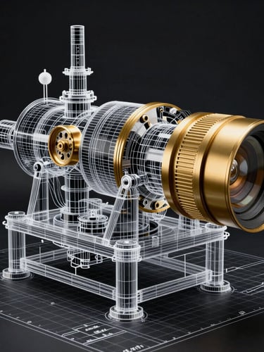 High-contrast technical blueprint schematic of heavy machinery, architectural grid lines, clean studio lighting, gold accents on dark background.