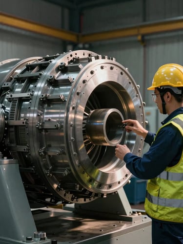 Certified engineer in safety gear inspecting a large high-precision metal turbine component inside a workshop, dramatic side lighting, industrial focus.