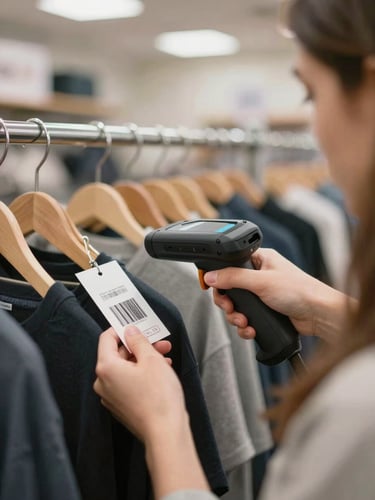Close-up over-the-shoulder view of a store worker scanning a barcode on a clothing tag with a handheld scanner, garment rack blurred in the background, bright ambient overhead lighting in a small retail shop, hands and scanner sharp in foreground