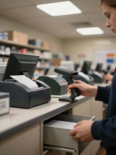 Wide-angle view of a working retail counter showing a barcode scanner, receipt printer, and open cash drawer all in use simultaneously, ambient store overhead lighting, no staff faces visible