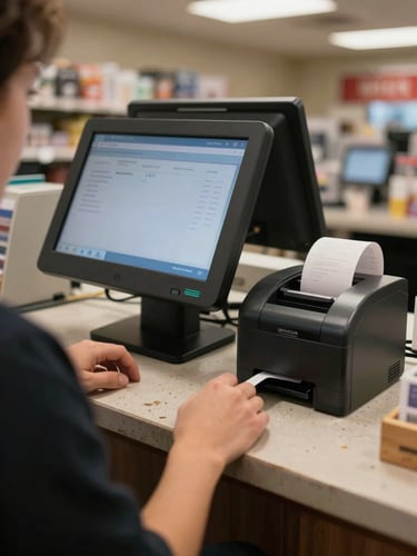 Close over-the-shoulder view of a retail counter in operation—hands resting on a touch POS machine mid-transaction, thermal receipt printer to the right beginning to print, ambient overhead store lighting, worn countertop surface visible