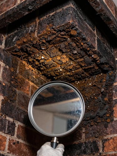 Close-up angled shot inside a chimney flue, task lighting revealing thick creosote buildup layered on dark brick walls, a round inspection mirror held by a gloved hand in the lower foreground, sharp focus on the texture of the deposits