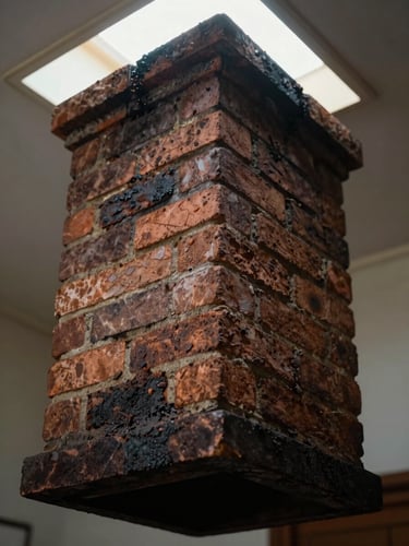 Close-up interior view of a brick chimney flue, angled slightly upward from below, natural daylight entering from the top of the stack, textured creosote buildup visible on the flue walls, deep shadows at the base, documentary detail framing