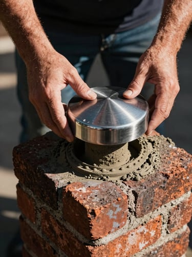Overhead close-up of a stainless steel chimney cap being set onto a brick crown in Boise afternoon light, the technician's forearms visible steadying the cap into position, rough mortar and aged brick texture in sharp detail