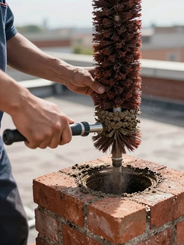 Technician's hands guiding a rotary chimney brush down into a brick flue opening, rooftop environment in natural daylight, focus on the brush handle and mortar edge, soot dust visible in the air around the brush head