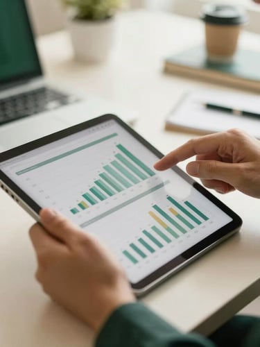 Close-up of hands reviewing financial metrics on a tablet screen, warm natural office light, deep green and cream tones, professional editorial setting, shallow depth of field, 35mm