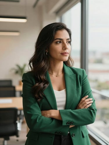 Portrait of a confident Latin American female tech founder in a warm-lit modern office, looking thoughtfully out of a window, warm editorial photography, soft natural office light, deep green and cream tones, shallow depth of field, 35mm