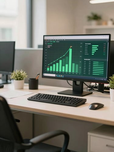 A clean modern office workspace with soft natural light, a digital dashboard showing green growth metrics on a screen in the background, warm editorial photography style.