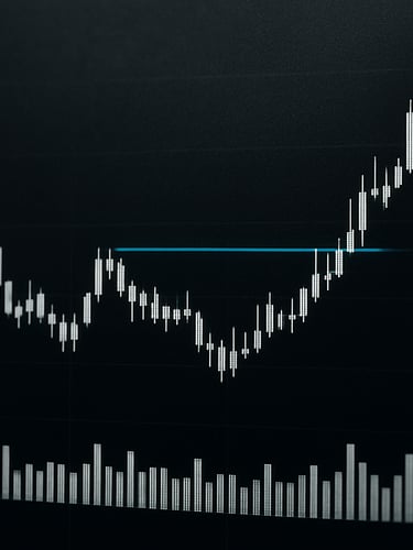 Wide panoramic close-up of a candlestick chart price structure overlay, high-contrast white volume bars against deep charcoal, annotated shakeout zone highlighted with a cold metallic blue line, no text, data-visualization aesthetic