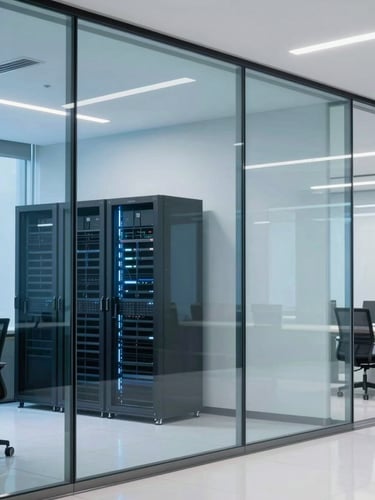 A clean modern Dubai corporate office interior with glass walls, a server cabinet visible in the background, cool blue ambient light, professional 35mm photography.
