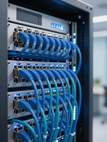 Medium close-up of a modern server rack with perfectly organized blue and teal ethernet cables, cool ambient LED lighting, crisp focus on technical details, 35mm lens.