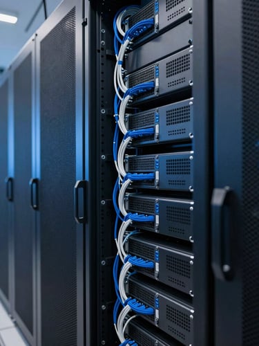 Crisp corporate photography of a modern Dubai server room, cool blue ambient light, tidy server racks with blue and white cabling, sharp focus, professional 35mm lens.