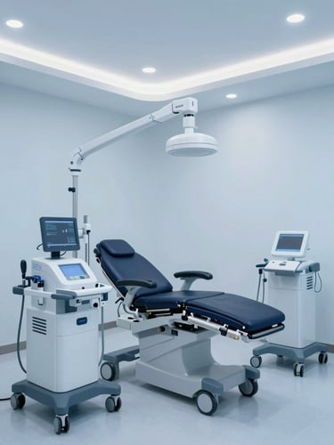 Crisp, clean interior of a modern healthcare clinic in Dubai, professional medical equipment, cool blue-toned lighting, minimalist design.