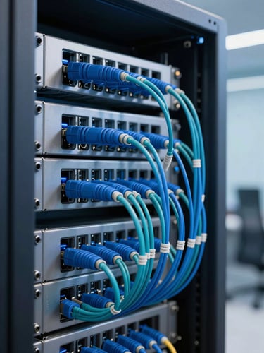 A close-up of a modern server rack with perfectly organized blue and teal fiber optic cables, cool ambient studio lighting, sharp focus on technical details.