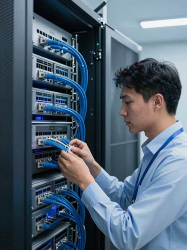 A professional Dubai IT engineer in a clean modern server room, inspecting neatly organized blue ethernet cables, soft cool blue ambient lighting, sharp focus, 35mm lens