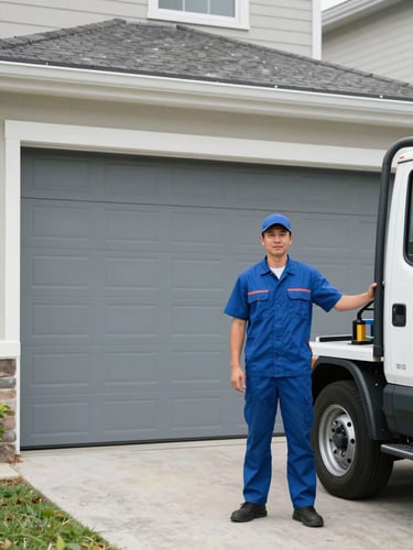 A professional Canton garage door technician in a clean uniform standing next to a service truck in a residential driveway, daylight, crisp focus