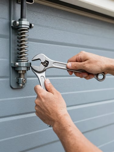 Close-up of a technician's hands using heavy-duty wrenches to adjust a steel torsion spring on a garage door shaft, bright natural garage lighting, 35mm