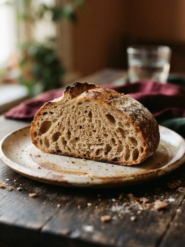 Close-up of a rustic sourdough bread slice on a ceramic plate, soft natural window light, crumbs on a dark wood table, warm editorial food photography, shallow depth of field, 35mm