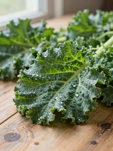 Fresh green kale leaves with water droplets on a rustic light wooden table, soft lateral natural light, forest green tones, macro editorial food photography