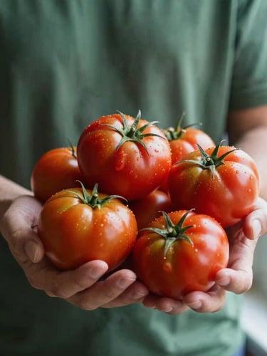 Hands of a local farmer holding freshly harvested heirloom tomatoes, soft window daylight, rich crimson and forest green tones, shallow depth of field, 35mm