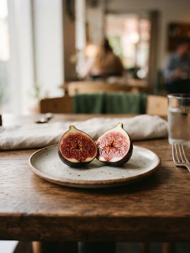 Warm editorial food photography of a minimalist Scandinavian restaurant table, a ceramic plate with a single fresh fig cut in half, soft side window daylight, rich crimson tones, shallow depth of field, 35mm