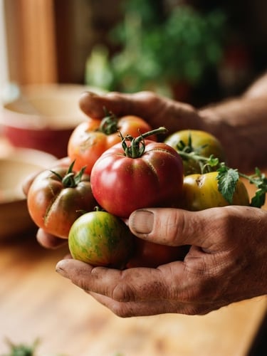 Close-up of weathered hands holding freshly harvested organic heirloom tomatoes, soft window daylight, rich warm tones, 35mm photography