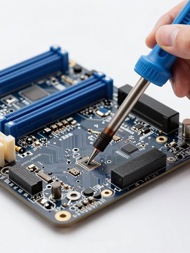 Macro shot of a clean motherboard repair, a technician using a soldering iron under bright clean studio lighting, cool slate and navy tones, sharp focus on the circuit board, 50mm lens